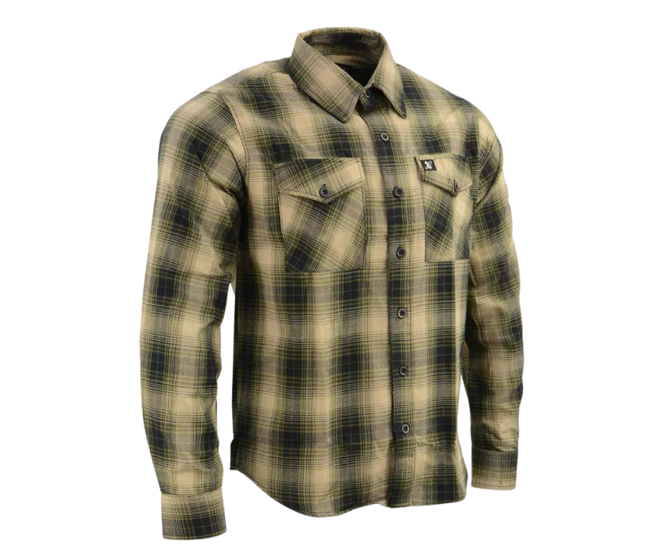 This 100% cotton Beige/Black/Olive flannel shirt exudes classic style. It features a button down collar, two front flap pockets, and a vintage plaid pattern. Perfect for hiking, outdoor work, or riding horses or motorcycles. Never going out of style, and always available in our Smyrna, TN shop. Imported.  Details: Button down collars, Snaps, 2 Pockets, Yokes, Flannel Lining, 100% Cotton   