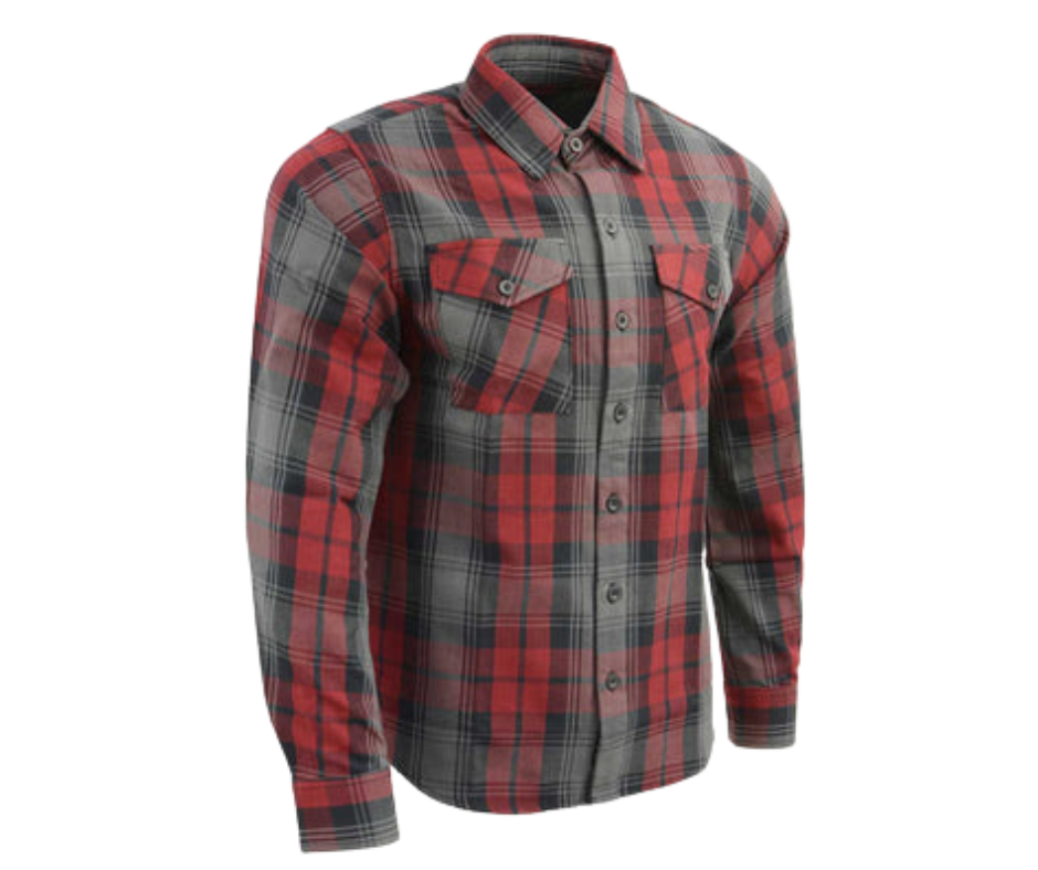 This 100% cotton Red/Gray/Black flannel shirt exudes classic style. It features a button down collar, two front flap pockets, and a vintage plaid pattern. Perfect for hiking, outdoor work, or riding horses or motorcycles. Never going out of style, and always available in our Smyrna, TN shop. Imported.  Details: Button down collars, Snaps, 2 Pockets, Yokes, Flannel Lining, 100% Cotton