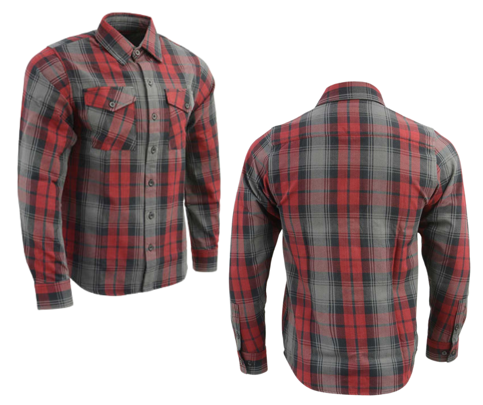 This 100% cotton Red/Gray/Black flannel shirt exudes classic style. It features a button down collar, two front flap pockets, and a vintage plaid pattern. Perfect for hiking, outdoor work, or riding horses or motorcycles. Never going out of style, and always available in our Smyrna, TN shop. Imported.  Details: Button down collars, Snaps, 2 Pockets, Yokes, Flannel Lining, 100% Cotton