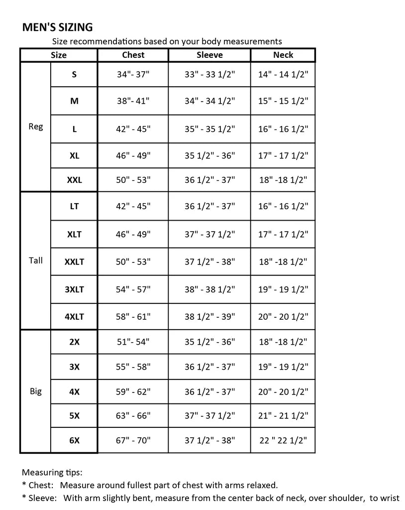 Men's sizing chart with measurements for chest, sleeve, and neck.
