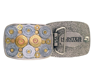 Ready to take the hunt to the next level? Turn heads with this 3 1/2" x 2 3/4" masterpiece, crafted from genuine once-fired ammunition! Wear your passion for the hunt and your love of the crisp morning air in the tree stand waiting for your trophy with the Benoit Belt Buckle. Fits up to 1 1/2" belts perfectly. Make the trip to Smyrna, TN - just outside Nashville - and shop now! Assembled in the USA.