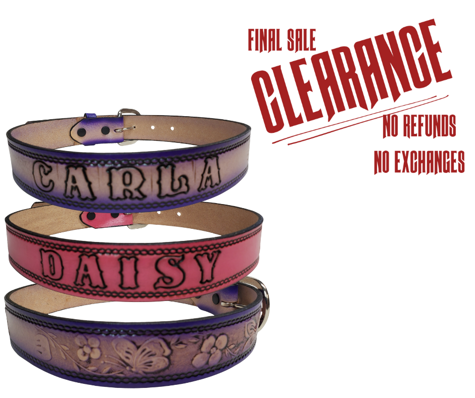 This stylish leather Kid's belt features beautiful Flowers and Butterfly pattern that is sure to draw attention. The easy-change metal buckle makes for comfortable wear and makes it easy to add your own buckle. Perfect for adding a unique touch to any wardrobe. This belt is stocked in our shop outside Nashville in Smyrna, TN.