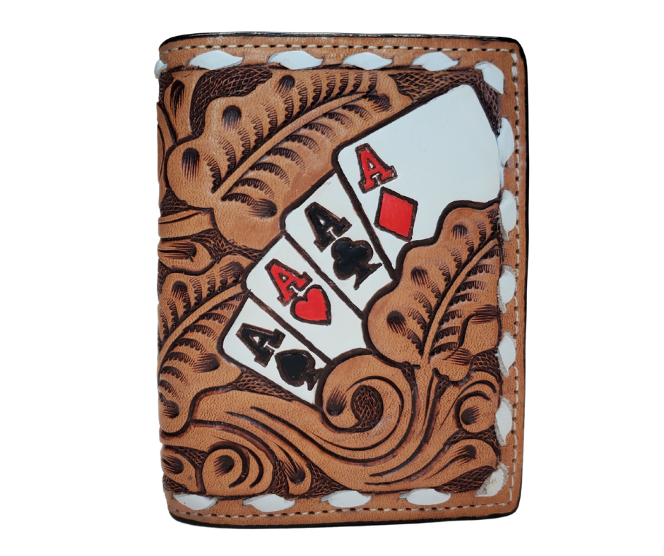 Leather Tri-fold style wallet with a traditional Tooled look with white Buck Lacing trim. Stocked at our Smyrna, TN shop not far from from downtown Nashville.
 3D Leather Tri-fold Wallet Large Ace cards hand painted and spread across front with western scrolls and white lace. 
Inside features a clear ID slot, credit card slots, and money slot.
Imported