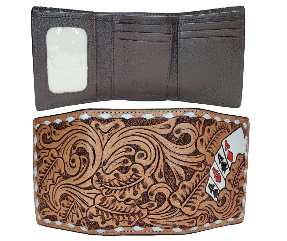 Leather Tri-fold style wallet with a traditional Tooled look with white Buck Lacing trim. Stocked at our Smyrna, TN shop not far from from downtown Nashville.
 3D Leather Tri-fold Wallet Large Ace cards hand painted and spread across front with western scrolls and white lace.
Inside features a clear ID slot, credit card slots, and money slot.
Imported