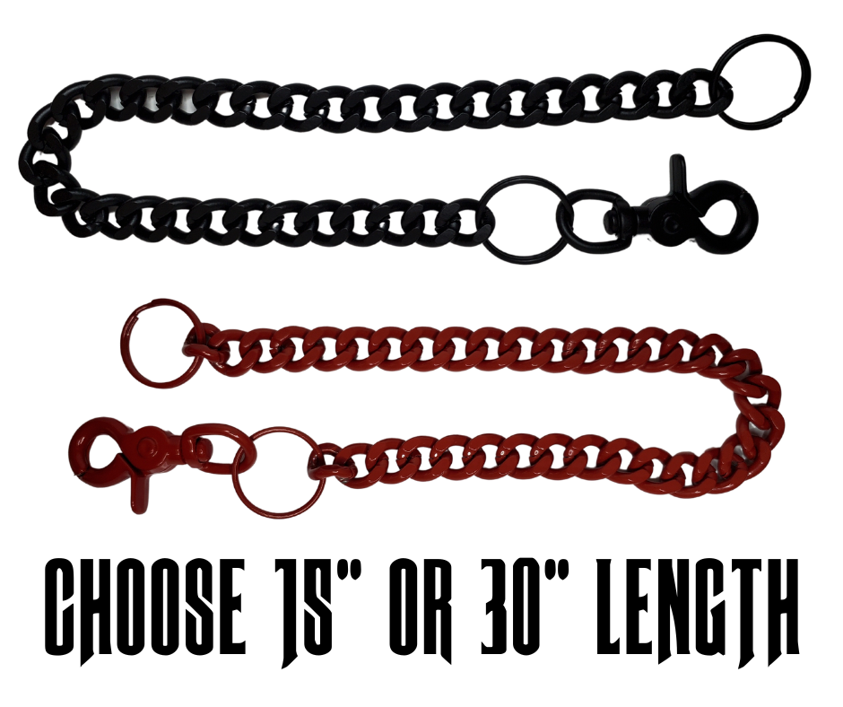 Your wallet chain can now match your Bike, Club Colors, or simply because you like Red or Black. The sturdy keychain on one end attaches to your wallet, while the claw clasp on the other end attaches to YOU! The Powder Coating has great resistance to peeling or turning color.  Available right here online or in our shop just outside Nashville in Smyrna, TN.