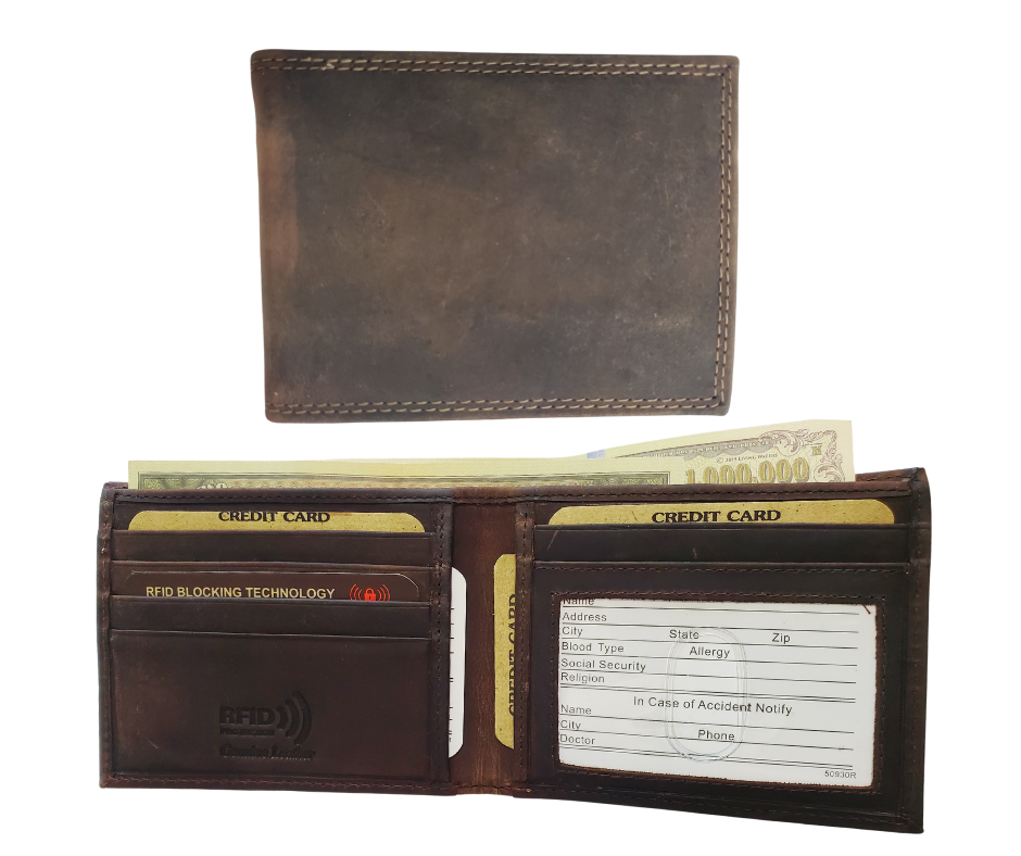 RFID protected Bi-fold in Distressed Brown. Card slots, underside pockets and I.D. flap PLUS divided cash pockets. Imported, Great Value, and Buckle and Hide approved! Stocked at our Smyrna, TN shop.   Bi-Fold specs - 4 1/2"x 3 1/2"x 5/8" folded, 2 cash slots, 5 CC slots, 1 I.D. slot, 2 underside pockets.