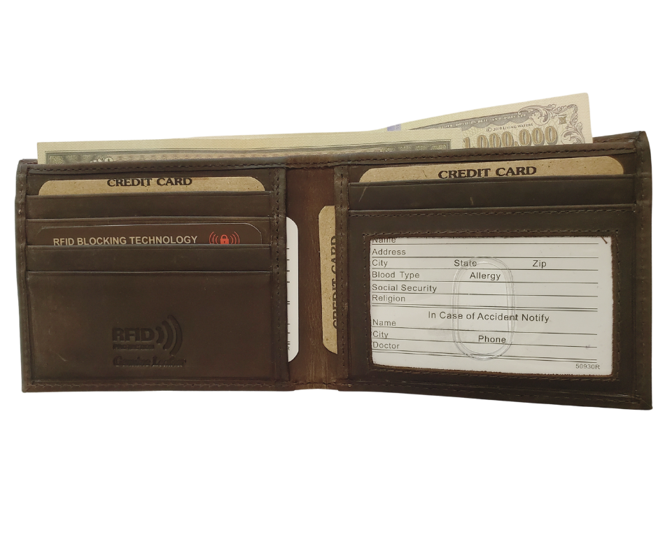 RFID protected Bi-fold in Distressed Brown. Card slots, underside pockets and I.D. flap PLUS divided cash pockets. Imported, Great Value, and Buckle and Hide approved! Stocked at our Smyrna, TN shop.   Bi-Fold specs - 4 1/2"x 3 1/2"x 5/8" folded, 2 cash slots, 5 CC slots, 1 I.D. slot, 2 underside pockets.