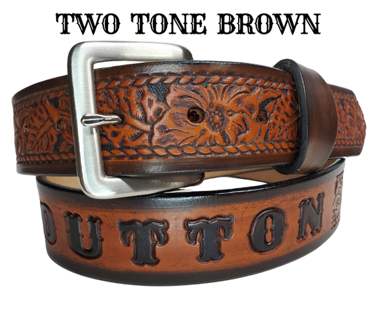 This personalized Vegtan leather belt, aptly named "The Ranch," with it's Western scroll pattern framed in a Rope edge border. Made in Smyrna, TN, close to Nashville. It's interchangeable solid brass buckle ensures convenience while maintaining high quality. Elevate any outfit with this stylish and versatile accessory.
