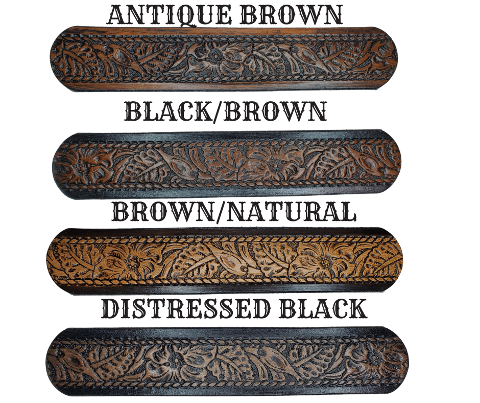 This personalized Vegtan leather belt, aptly named "The Ranch," with it's Western scroll pattern framed in a Rope edge border. Made in Smyrna, TN, close to Nashville. It's interchangeable solid brass buckle ensures convenience while maintaining high quality. Elevate any outfit with this stylish and versatile accessory.