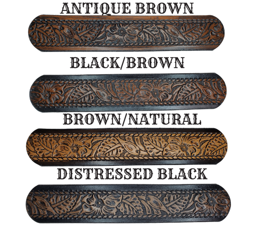 This personalized Vegtan leather belt, aptly named "The Ranch," with it's Western scroll pattern framed in a Rope edge border. Made in Smyrna, TN, close to Nashville. It's interchangeable solid brass buckle ensures convenience while maintaining high quality. Elevate any outfit with this stylish and versatile accessory.