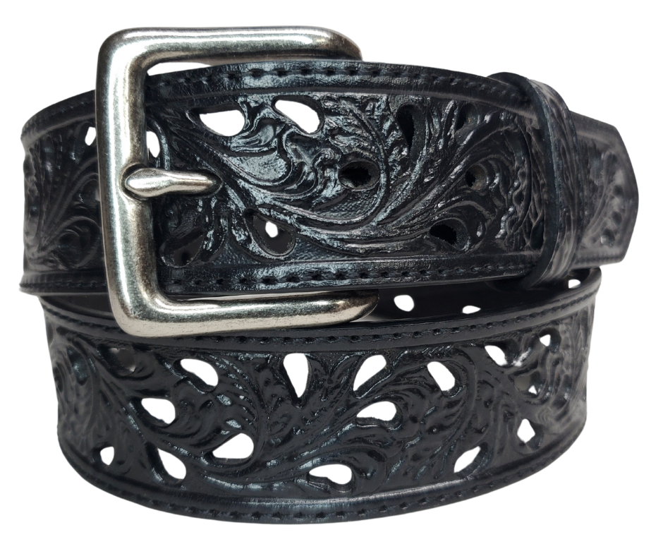 Add a touch of Western flair to your wardrobe with the Rose Filigree Belt. Its intricate cut-out design and black stitching make it truly one-of-a-kind. Stop by our Smyrna, TN store near Nashville to get yours today.