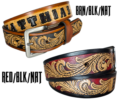 This DELUXE Rustler Name Leather Belt features a classic western Scroll pattern embossed on a 9-10 oz vegetable-tanned cowhide. You may customize the buckle with the added snaps. It is named Deluxe because of the additional color added to the background of the pattern. This product is crafted with care in our Smyrna, TN shop, just outside Nashville, TN.      