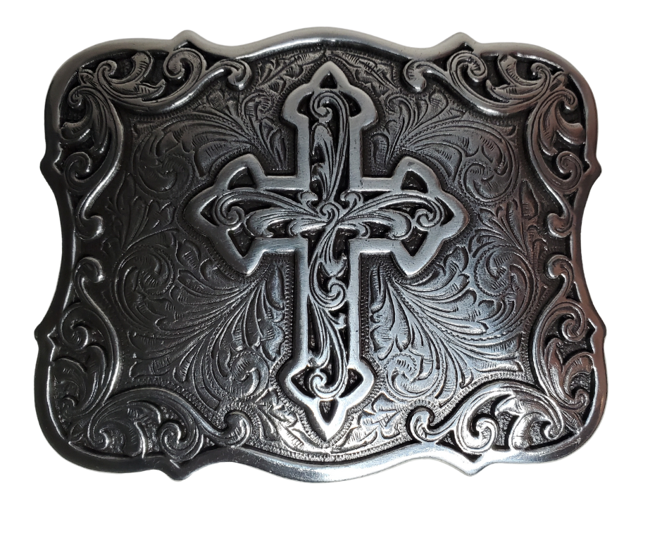 Adorn your wardrobe with an ornate Southwest influenced western-style scroll and Cross with an antique silver finish. It measures approx. 3" X 4" and will fit up to a 1 1/2" belt. It can be found both online and in our shop in Smyrna, TN, near Nashville.