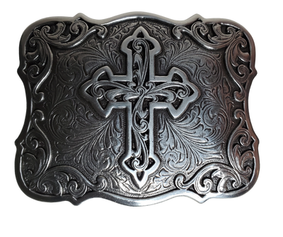 Adorn your wardrobe with an ornate Southwest influenced western-style scroll and Cross with an antique silver finish. It measures approx. 3" X 4" and will fit up to a 1 1/2" belt. It can be found both online and in our shop in Smyrna, TN, near Nashville.