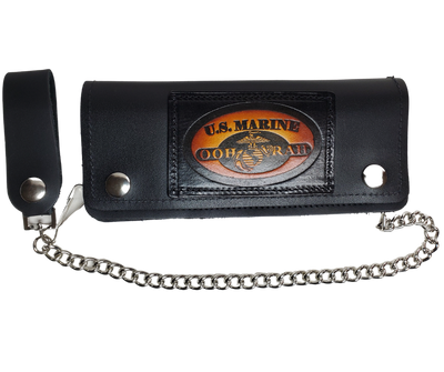 Classic Long Style Chain all leather Wallet with a licensed USMC stitched on leather patch.  2 Main Cash Slots for all your important stash and or receipts and your extra cards, 1 zipper pocket, 1 card slot on the top inside, 1 middle smaller slot. It's USA made and Buckle and Hide approved. A little over 7" in length. 2 snap closure. Complete with an 12" chrome plated chain including leather belt loop. In stock at our Smyrna TN shop a short drive from downtown Nashville.