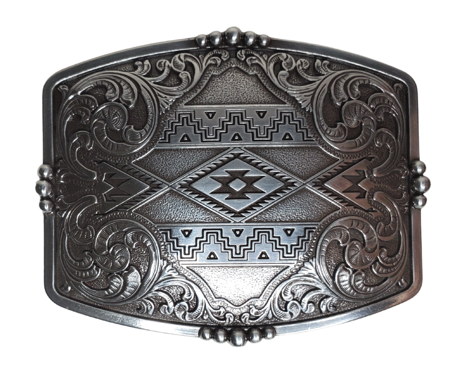 Greet the day with sizzling Southwest designs, raring western scroll accents, and an antique silver finish that'll amplify your style. This approx. 3" x 4" buckle adds a great flair to any 1 1/2" belt - so grab yours from our Smyrna, TN (near Nashville) store or online and get ready to ride!
