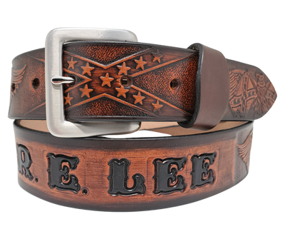 This Name Belt is one-of-a-kind Hand stained strip of vegetable tanned leather showcasing a Southern Heritage Eagles and Stars and Bars style pattern. Plus, the solid brass buckle in antique nickel finish can be easily switched out. Each belt is handcrafted at our shop in Smyrna, Tennessee, close to Nashville.