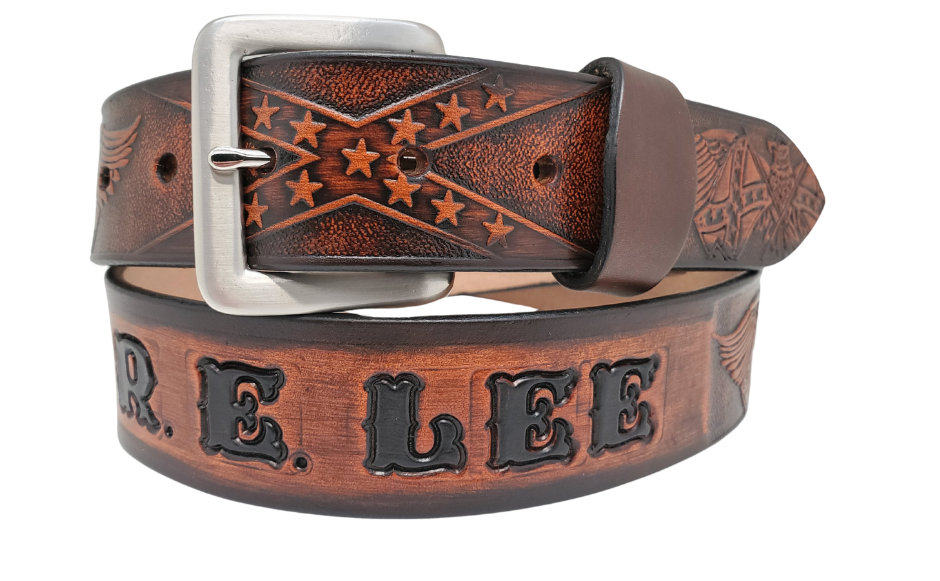 This Name Belt is one-of-a-kind Hand stained strip of vegetable tanned leather showcasing a Southern Heritage Eagles and Stars and Bars style pattern. Plus, the solid brass buckle in antique nickel finish can be easily switched out. Each belt is handcrafted at our shop in Smyrna, Tennessee, close to Nashville.