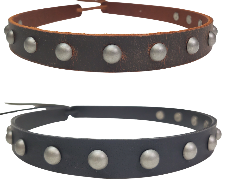 Our Bravo Rio 7 Domed Stud leather hatband is 3/4" wide by 23" (without tie string). Available in black or brown, pick one or a few. Fit's most any hat with adjustable bead and leather 1/8" string. Will fit most TOP HAT style and WESTERN crowned hats. Made in our Smyrna Tn. shop.