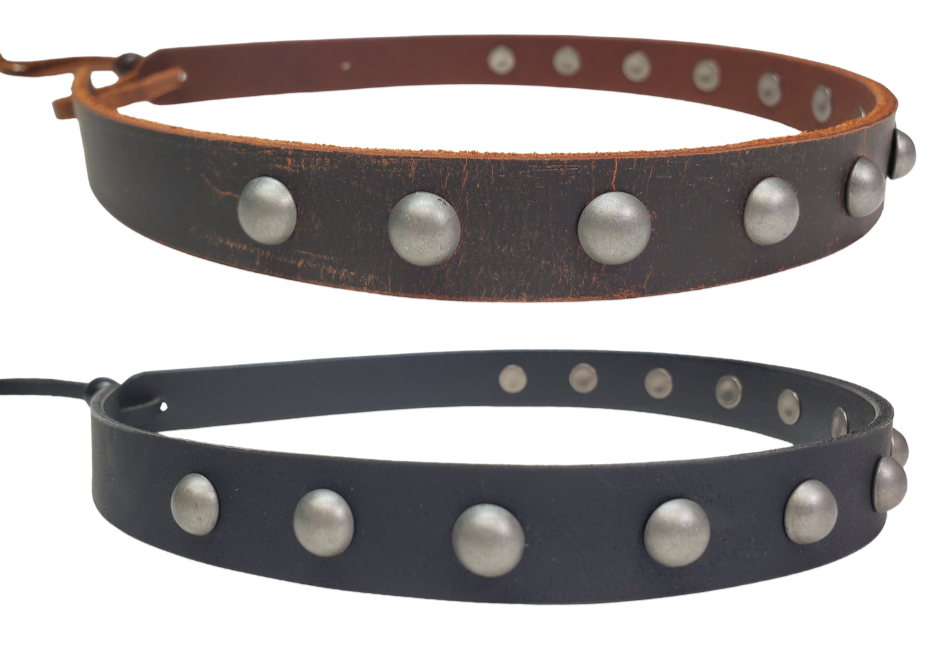 Side View. Our Bravo Rio 7 Domed Stud leather hatband is 3/4" wide by 23" (without tie string). Available in black or brown, pick one or a few. Fit's most any hat with adjustable bead and leather 1/8" string. Will fit most TOP HAT style and WESTERN crowned hats. Made in our Smyrna Tn. shop.