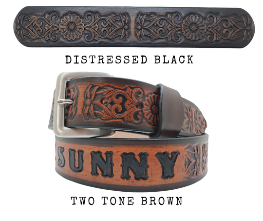 "The Sun Daisy" is a handmade real VEGTAN belt made from a single strip of cowhide shoulder leather that is 8-10 oz. or approx. 1/8" thick. It has hand burnished (smoothed) edges and Summer flowers embossed on the surface. The antique nickel plated solid brass buckle is snapped in place with heavy snaps.  This belt is made just outside Nashville in Smyrna, TN.