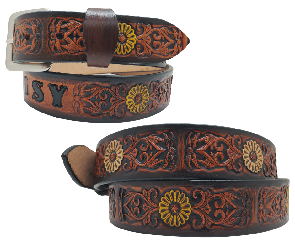 "The Sun Daisy" is a handmade real VEGTAN belt made from a single strip of cowhide shoulder leather that is 8-10 oz. or approx. 1/8" thick. It has hand burnished (smoothed) edges and Summer flowers embossed on the surface with HAND PAINTED in White and Yellow or White or Yellow. The antique nickel plated solid brass buckle is snapped in place with heavy snaps.  This belt is made just outside Nashville in Smyrna, TN.