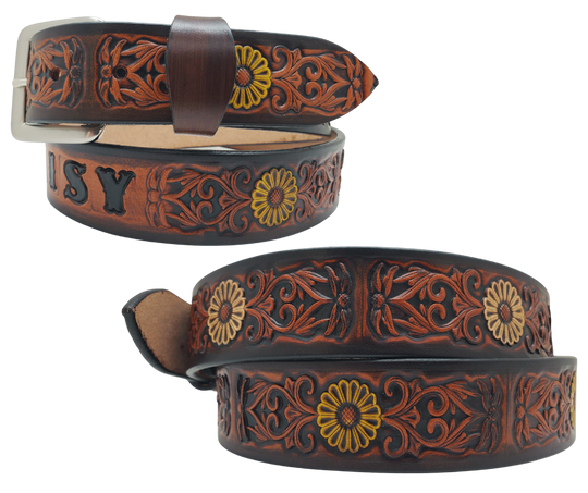 "The Sun Daisy" is a handmade real VEGTAN belt made from a single strip of cowhide shoulder leather that is 8-10 oz. or approx. 1/8" thick. It has hand burnished (smoothed) edges and Summer flowers embossed on the surface with HAND PAINTED in White and Yellow or White or Yellow. The antique nickel plated solid brass buckle is snapped in place with heavy snaps.  This belt is made just outside Nashville in Smyrna, TN.