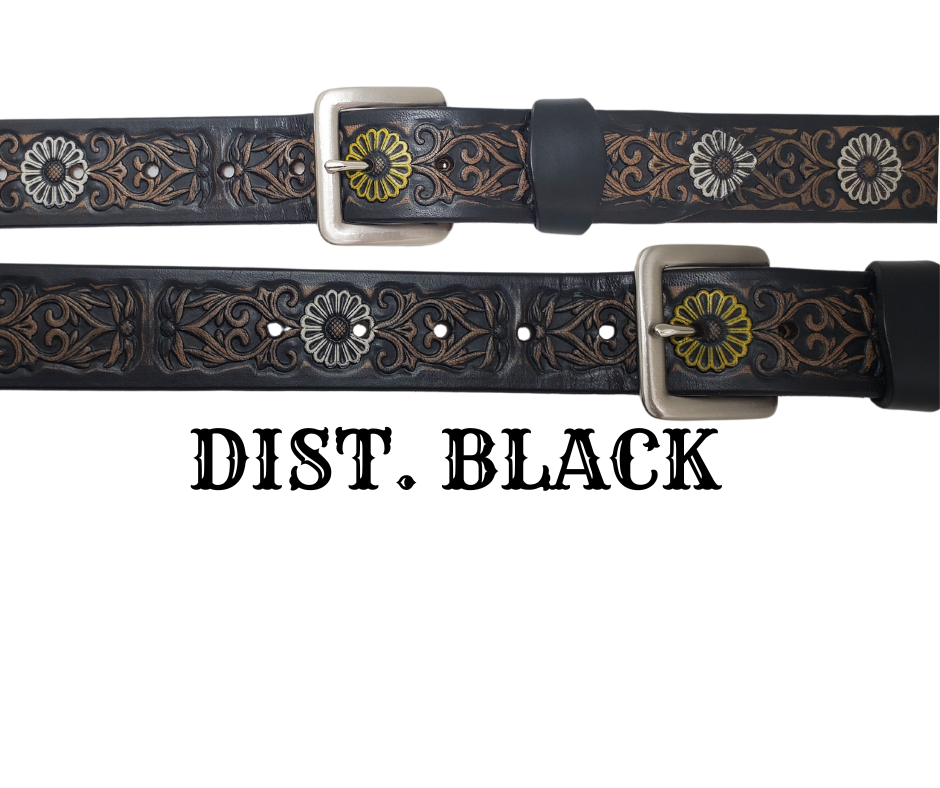 "The Sun Daisy" is a handmade real VEGTAN belt made from a single strip of cowhide shoulder leather that is 8-10 oz. or approx. 1/8" thick. It has hand burnished (smoothed) edges and Summer flowers embossed on the surface with HAND PAINTED in White and Yellow or White or Yellow. The antique nickel plated solid brass buckle is snapped in place with heavy snaps.  This belt is made just outside Nashville in Smyrna, TN.