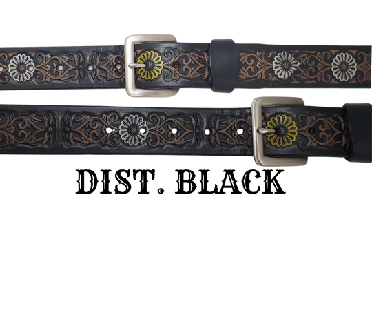 "The Sun Daisy" is a handmade real VEGTAN belt made from a single strip of cowhide shoulder leather that is 8-10 oz. or approx. 1/8" thick. It has hand burnished (smoothed) edges and Summer flowers embossed on the surface with HAND PAINTED in White and Yellow or White or Yellow. The antique nickel plated solid brass buckle is snapped in place with heavy snaps.  This belt is made just outside Nashville in Smyrna, TN.