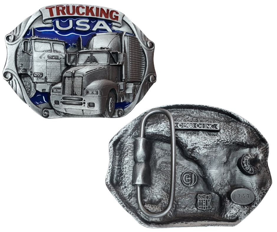 The American Trucker buckle part of our First Responders and Trades series we've added. Bless our men and women who put their life on the line for us everyday! Complete with Semi Truck cab, American flag shield and Eagles  designs. Pewter belt buckle that may be attached to your belt.  Fits 1 1/2" belts, Size approx. 3-1/2" x 2-3/4. Available in our shop just outside Nashville in Smyrna, TN.