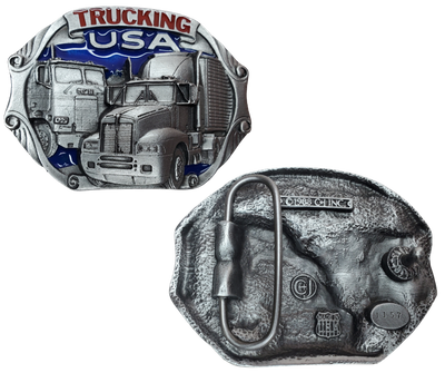 The American Trucker buckle part of our First Responders and Trades series we've added. Bless our men and women who put their life on the line for us everyday! Complete with Semi Truck cab, American flag shield and Eagles  designs. Pewter belt buckle that may be attached to your belt.  Fits 1 1/2" belts, Size approx. 3-1/2" x 2-3/4. Available in our shop just outside Nashville in Smyrna, TN.