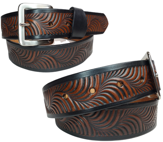 Named after it's swirly pattern it's crafted from full grain American vegetable tanned cowhide, this 1 1/2" belt boasts an antique nickle plated solid brass buckle and smooth, burnished painted edges. Name customization is available with a maximum of 10 letters. The buckle snaps in place for effortless changing if desired. Produced in our Smyrna, TN, USA shop.