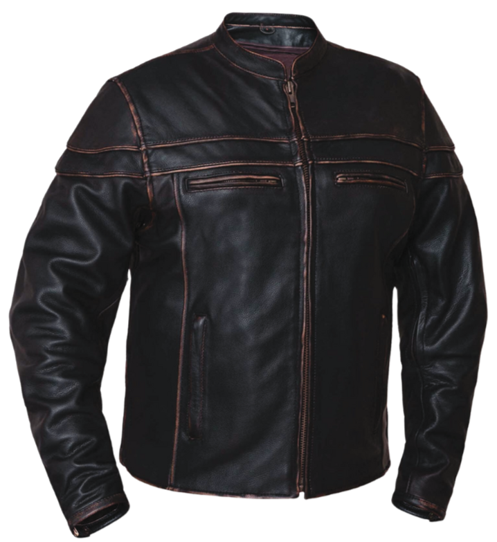 The "Jax" Weathered Brown Leather Motorcycle Jacket is made from top-quality cowhide leather and features a sleek European style collar. It also has a simple, clean appearance and useful design elements, such as two zippered side pockets, zippered vents, and two inside concealed carry pockets. The jacket also comes with a full sleeve zip out liner and is available in sizes from S to 5XL. You can find this jacket in stock at our Smyrna, TN shop, only 30 minutes away from downtown Nashville.