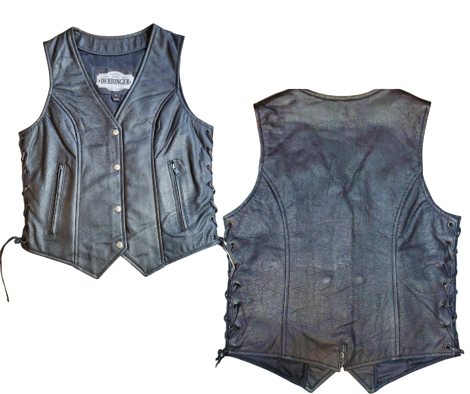 Lightweight Black leather ladies side laced motorcycle riding vest. Made from lighter weight Cowhide and contains conceal carry pockets on front insides. It has a 3 panel pack and snap front closure. It has a v-neck opening and a V-slot on the lower back for a better fit. Available for purchase in our leather shop in Smyrna, TN, near Nashville. Available in sizes XS to 5X.
Includes Carry conceal pockets on Right and Left sides
Side lace for size adjustment
3 panel back