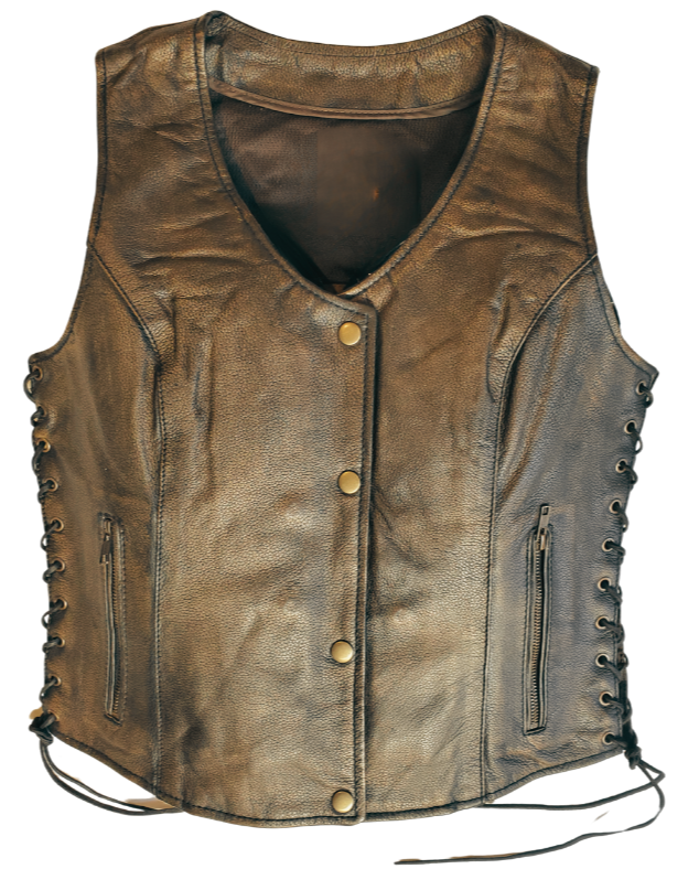 Classic V-neck style ladies brown leather side laced motorcycle riding vest featuring a SNAP/ZIP front. Made from lighter weight Lambskin and is Available for purchase in our leather shop in Smyrna, TN, near Nashville. Available in sizes S to 5X.
Includes Carry conceal pockets on Right and Left sides
Side lace for size adjustment
3 panel back