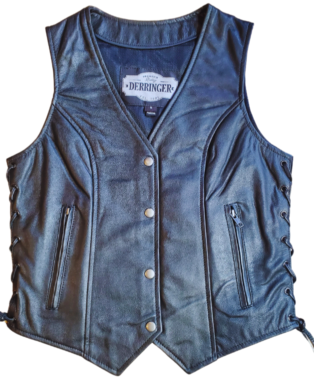 Lightweight Black leather ladies side laced motorcycle riding vest. Made from lighter weight Cowhide and contains conceal carry pockets on front insides. It has a 3 panel pack and snap front closure. It has a v-neck opening and a V-slot on the lower back for a better fit. Available for purchase in our leather shop in Smyrna, TN, near Nashville. Available in sizes XS to 5X.
Includes Carry conceal pockets on Right and Left sides
Side lace for size adjustment
3 panel back