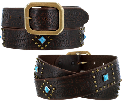 The rich leather belt strap has Western pattern floral embossing in dark brown accented with small round gold studs in a Diamond shaped pattern, a diamond shaped Turquoise colored stone, completed with a Clipped corner square buckle. It has snaps for easy buckle change. This chocolate brown color will match and go with a lot of boots and outfits and is available at our Smyrna, TN shop not far from Nashville.