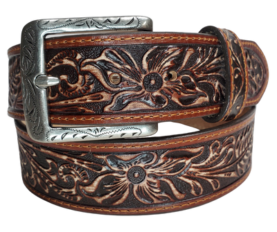 This leather belt perfectly captures the spirit of the Old West. It's 1 1/2" wide and embossed with a western style that you would find on any ranch. The leather is a beautiful deep mahogany brown with a black background to make the embossing pop out. Available in our Smyrna, TN shop.