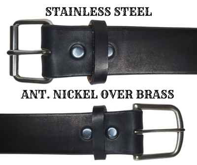 Our EXTRA THICK / EXTRA WIDE leather belt is cut from whole hides of Bridle Leather then snapped and edge burnished in Smyrna, TN, just outside Nashville.  It is a single strip of vegetable tanned Bridle leather approximately 1/4" thick, Drum dyed in a deep reddish brown or Solid Black. Bridle leather is used for horse tack such as bridles and rein straps. It's similar to harness leathers which has tallows and oils which gives it a great feel and durability. 