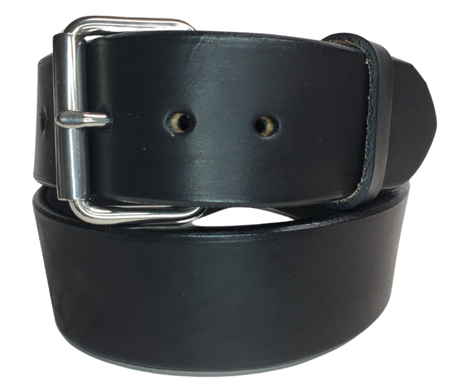 Our THICK / leather belt is cut from whole hides of Bridle Leather then snapped and edge burnished in Smyrna, TN, just outside Nashville.  It is a single strip of vegetable tanned Bridle leather will be 3/16" to 1/4" thick, Drum dyed in a deep reddish brown or Solid Black. Bridle leather is used for horse tack such as bridles and rein straps. It's similar to harness leathers which has tallows and oils which gives it a great feel and durability.