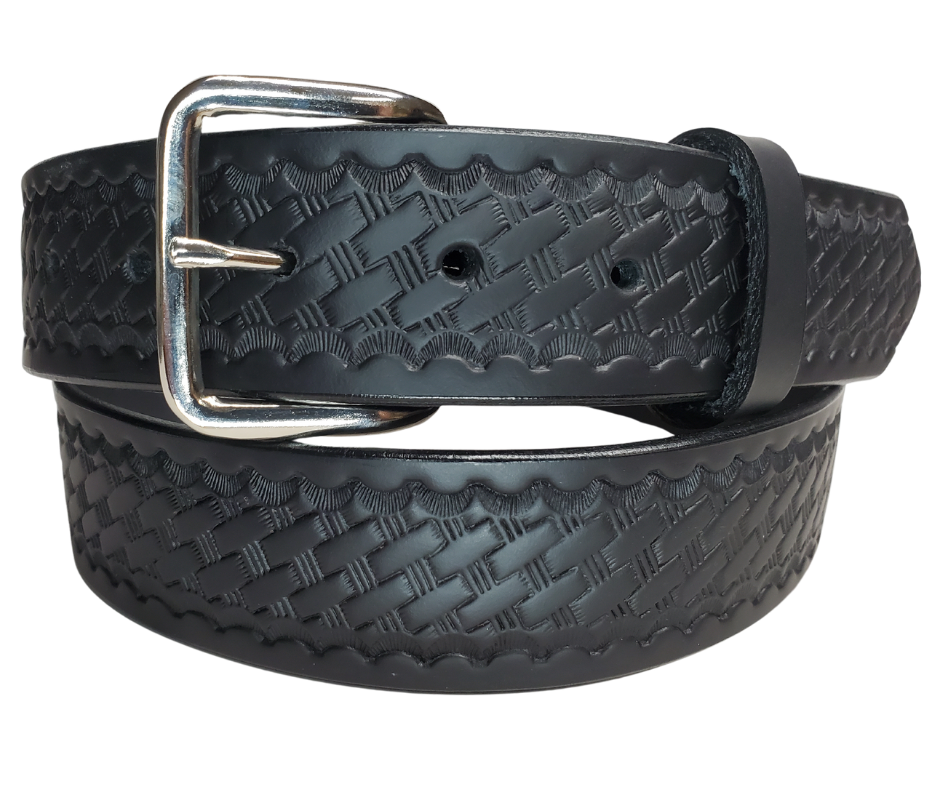 Part of our basic embossed Black belt series. Drum Dyed (dyed at the tannery all the way thru the leather) approx. 1/8" thick cowhide that we emboss in our shop. It has a width of 1 1/2" and is fitted with a simple nickel-plated buckle, along with smooth burnished painted edges. The belt has a ALL BLACK name customization option so Type Name or No Name in the Name here box. Buckle snaps for easy changing. Available for quick shipment from our Smyrna, TN shop. just a short  drive from Nashville.