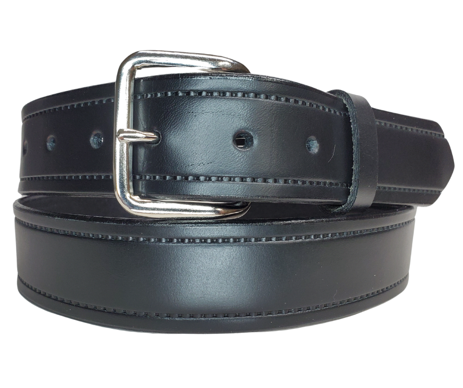 Part of our basic embossed Black belt series. Drum Dyed (dyed at the tannery all the way thru the leather) approx. 1/8" thick cowhide that we emboss in our shop. It has a width of 1 1/2" and is fitted with a simple nickel-plated buckle, along with smooth burnished painted edges. The belt has a ALL BLACK name customization option so Type Name or No Name in the Name here box. Buckle snaps for easy changing. Available for quick shipment from our Smyrna, TN shop. just a short  drive from Nashville.