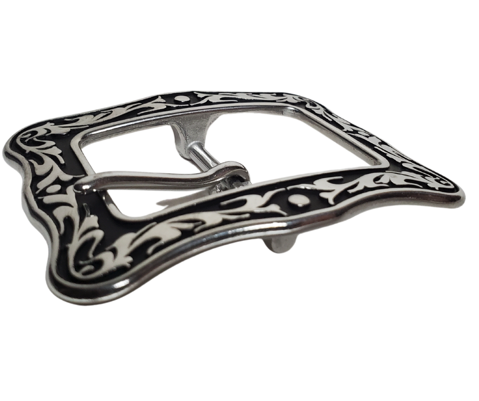 If you need a upgrade for your current belt or want a different look we have a selection of what we call Basic buckles.& Stop in our shop in Smyrna, TN, just outside of Nashville.& This is a Center bar style & with a Western attitude.
Color - Stainless Steel w/ blk accents ,1" width