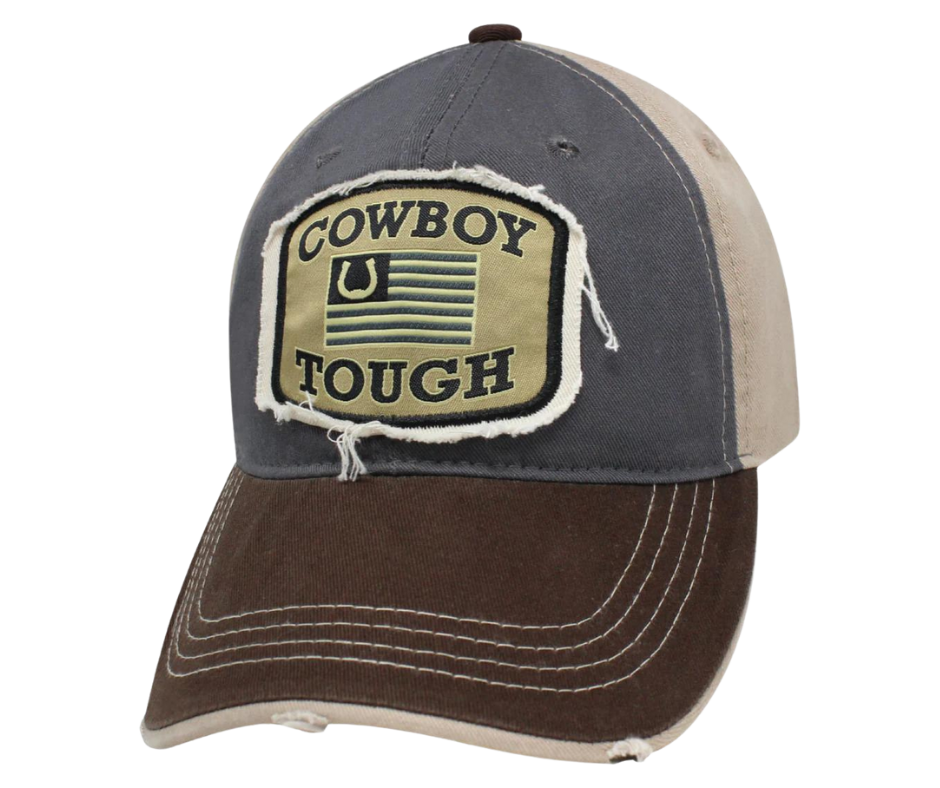 Wear your American Horseshoe Flag Cowboy Tough Distressed Embroidered Trucker Cap with pride! The Charcoal twill front and Tan back feature a Flag graphic with a Brown stitched bill, plus an adjustable snap strap to perfectly fit any size head. Take a short trip outside Nashville to our Smyrna, TN shop and get yours now! COLOR: TAN/GREY/BROWN