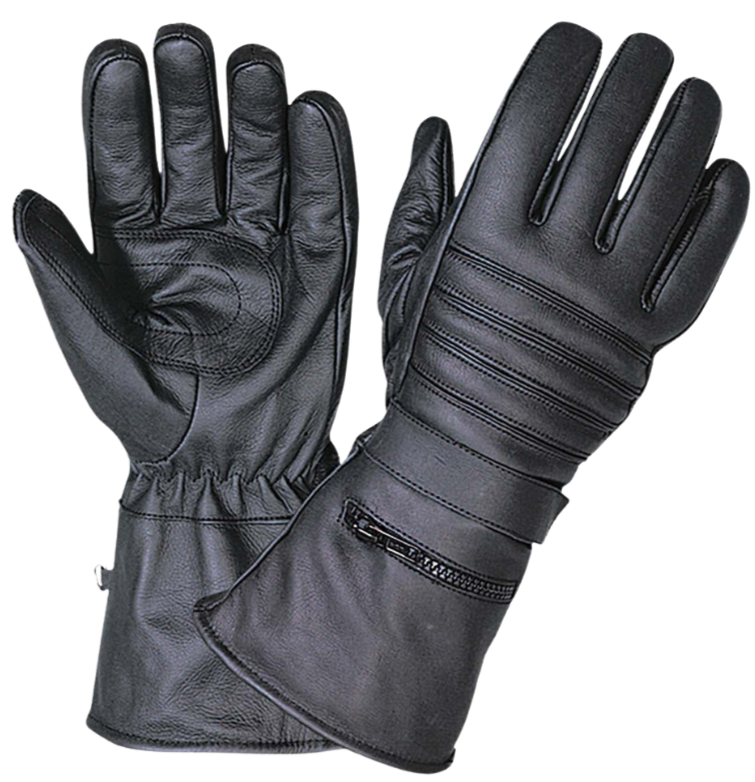 Leather Gauntlet Riding Gloves featuring a zippered pocket with a Rain cover. Adjustable Strap, reinforced palm, one of our heavier thicker gloves. With Gauntlets you are able to have your jacket sleeves up into glove to keep cold air  from going up your sleeves. Great for Motorcycle Rides on cooler days. They are available in our shop just outside Nashville in Smyrna, TN.