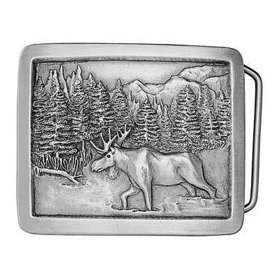 Rectangle shaped antique silver colored belt buckle with wild moose image.  Available online and at our shop just outside Nashville in Smyrna, TN.   MOOSE BELT BUCKLE FOR EITHER 1.5" or 1.75" belts.  BUCKLE SIZE 2.75" x 2.5". Cast unleaded pewter buckle newly manufactured using 1970's-1980's molds. PACKAGED IN GIFT BOX. A unique gift for sportsmen. 100% AMERICAN PROUDLY MADE IN USA