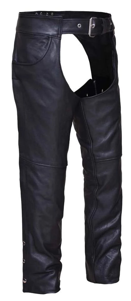 The Rally Jean Pocket style Unisex Leather Chaps are perfect for motorcycle riding in milder weather. They have a nylon liner down to the knee. Soft cowhide riding chaps with a belt closure with a lace waist adjustment in the back. Zipper runs down the outer leg from hip to just below knee, snaps run rest of leg length. They are available for purchase in our shop in Smyrna, TN, just outside of Nashville. Price Includes Length and belt adjustment if needed.