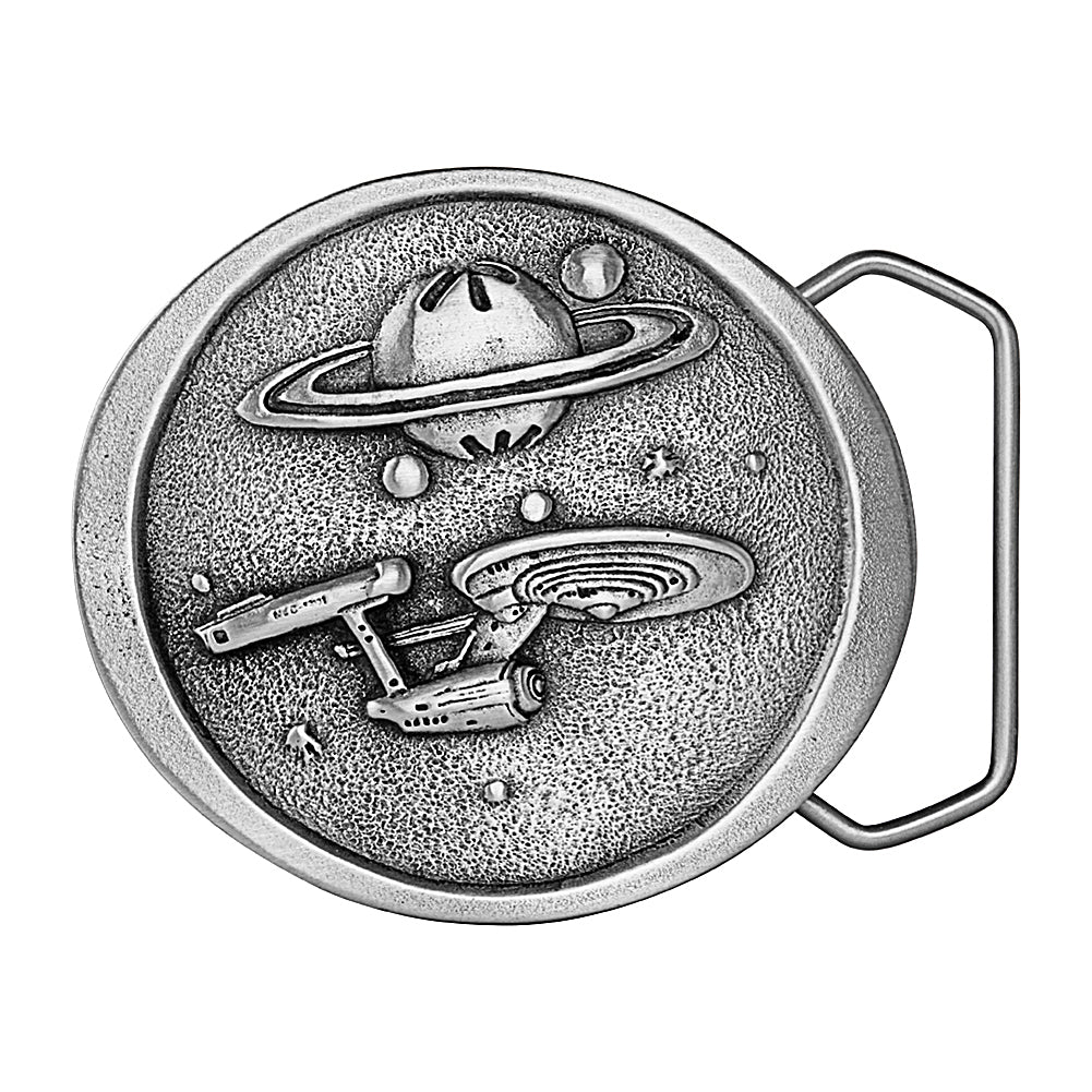 Phasers, Transporters, and a Captain take you into another galaxy!  Round antique silver colored belt buckle with Space image.  Available online and at our shop just outside Nashville in Smyrna, TN.   Size 3" x 2.5". Cast unleaded pewter buckle for either 1.5" or 1.75" belts. Packaged in gift box. Made in USA