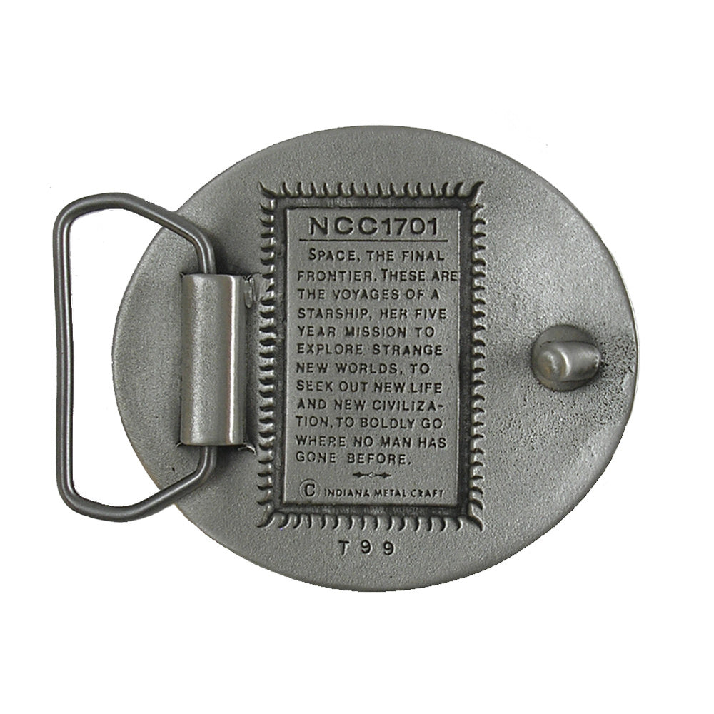 Phasers, Transporters, and a Captain take you into another galaxy!  Round antique silver colored belt buckle with Space image.  Available online and at our shop just outside Nashville in Smyrna, TN.   Size 3" x 2.5". Cast unleaded pewter buckle for either 1.5" or 1.75" belts. Packaged in gift box. Made in USA