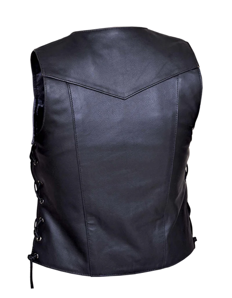 This lightweight cowhide black leather ladies' vest has a v-neck and snap front closure. It has side laces and a solid panel back, 4 front exterior pockets and 6 inside pockets including a concealed carry pocket on each side. Available for purchase in our shop in Smyrna, TN, just outside Nashville. Available in sizes small through 5xl.